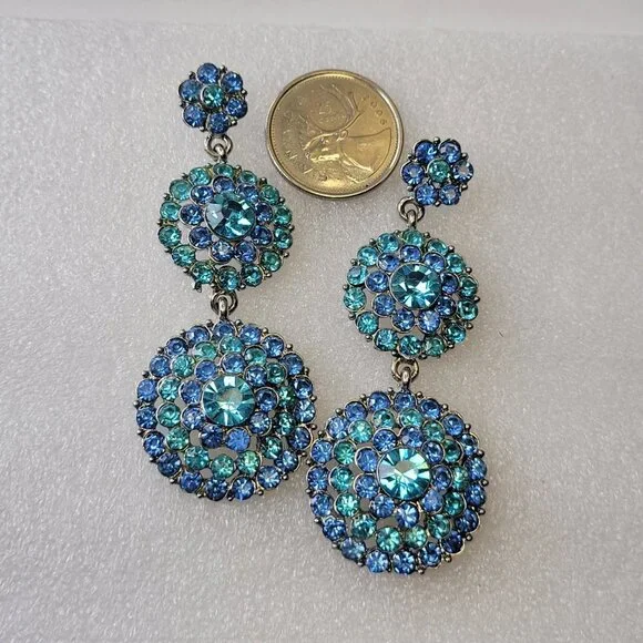 Blue Crystal Rhinestone Long Dangle Earrings - Picture 5 of 13